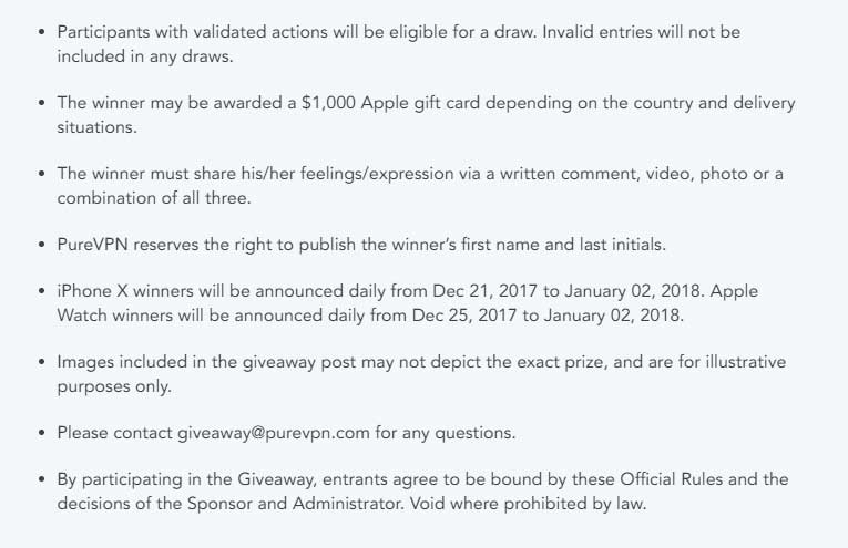 more terms and conditions for iphone-x and apple watch purevpn giveaway
