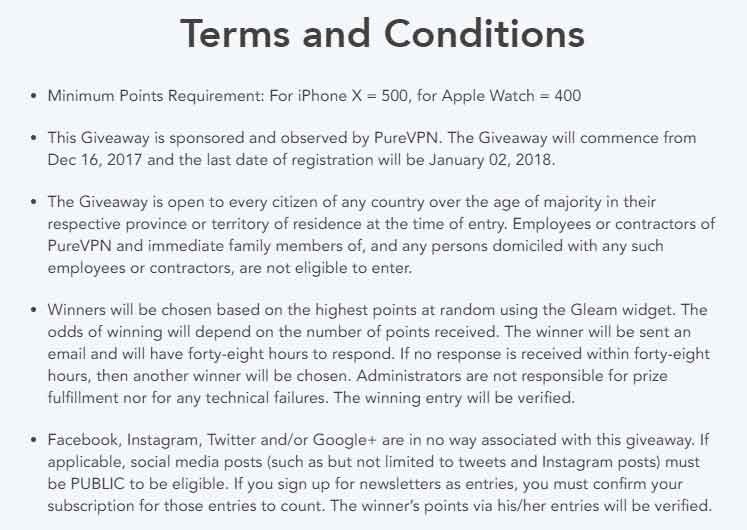 terms and conditions for iphone-x and apple watch purevpn giveaway