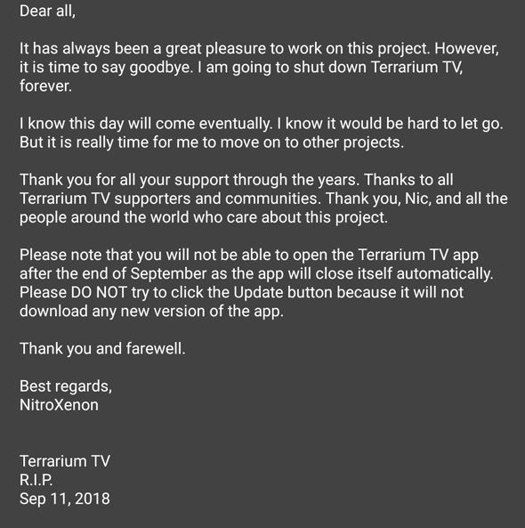 terrarium tv shut down